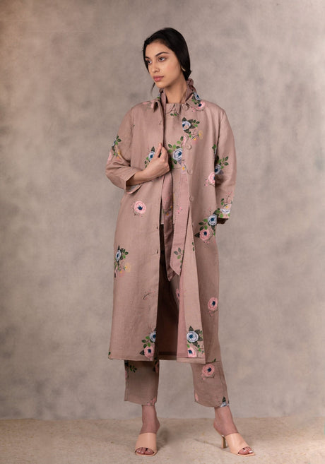 Almond Eden Print Top , Pants And Jacket Set In Linen With Hand Embroidery Details - Mizyana