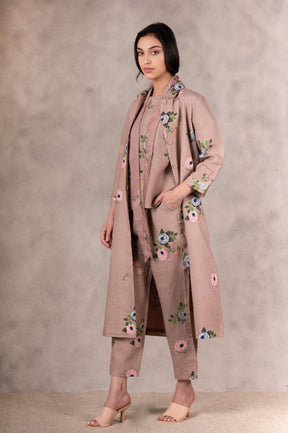 Almond Eden Print Top , Pants And Jacket Set In Linen With Hand Embroidery Details - Mizyana