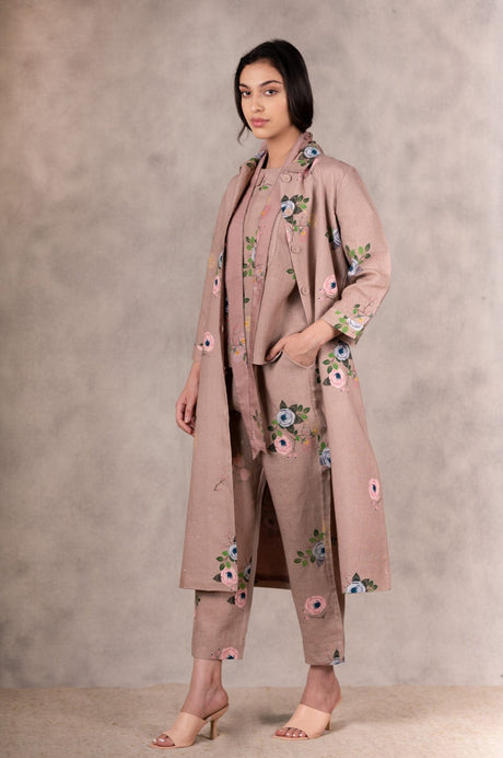 Almond Eden Print Top , Pants And Jacket Set In Linen With Hand Embroidery Details - Mizyana