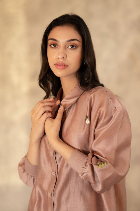 Almond Hand Embroidered Shirt In Silk Chanderi - Mizyana