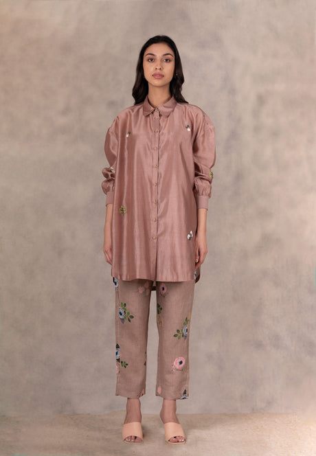 Almond Hand Embroidered Shirt In Silk Chanderi - Mizyana