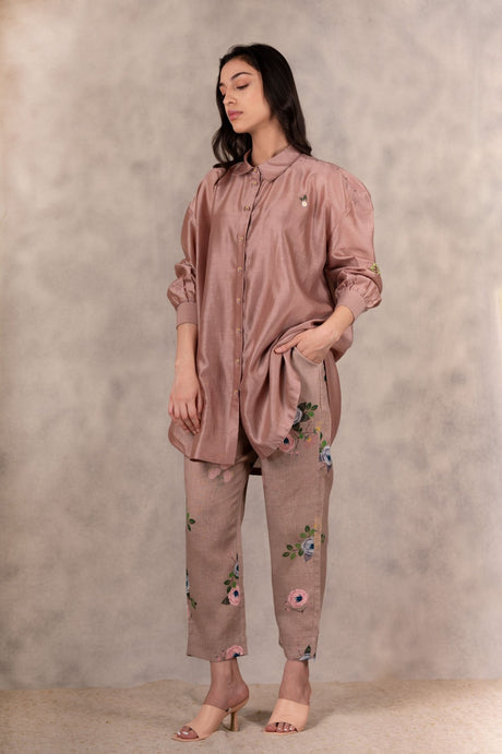 Almond Hand Embroidered Shirt In Silk Chanderi - Mizyana
