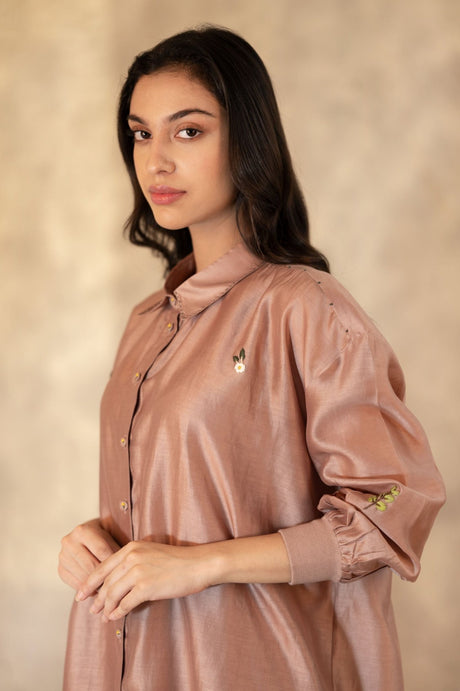 Almond Hand Embroidered Shirt In Silk Chanderi - Mizyana