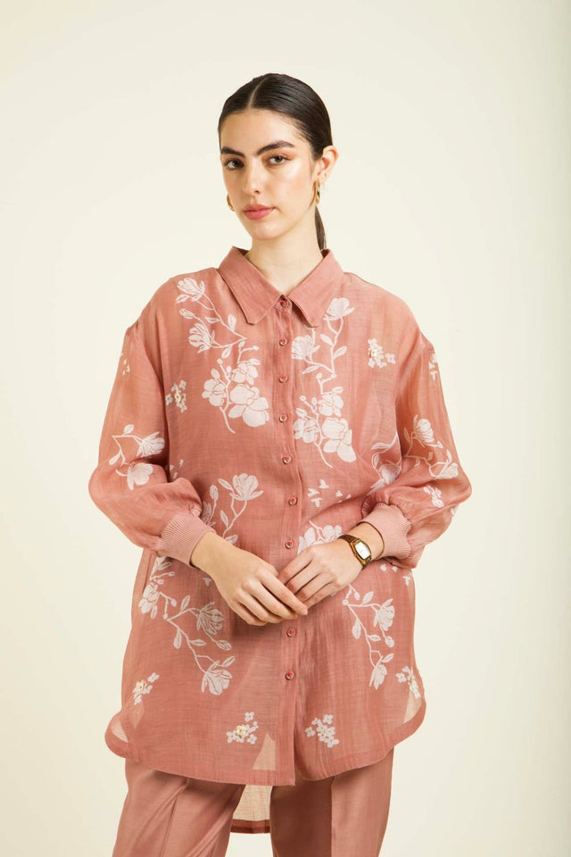 Almond Mul Chanderi Drop Shoulder Shirt With Straight Pants In Silk Chanderi - Two-Piece Set - Mizyana