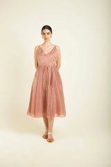 Almond Organza Embroided Jacket With Strap Dress In Stripe Organza - Two-Piece Set - Mizyana