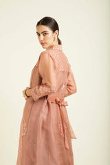 Almond Organza Embroided Jacket With Strap Dress In Stripe Organza - Two-Piece Set - Mizyana