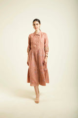 Almond Printed Gathered Dress In Linen With Embroidery Details - Dress - Mizyana
