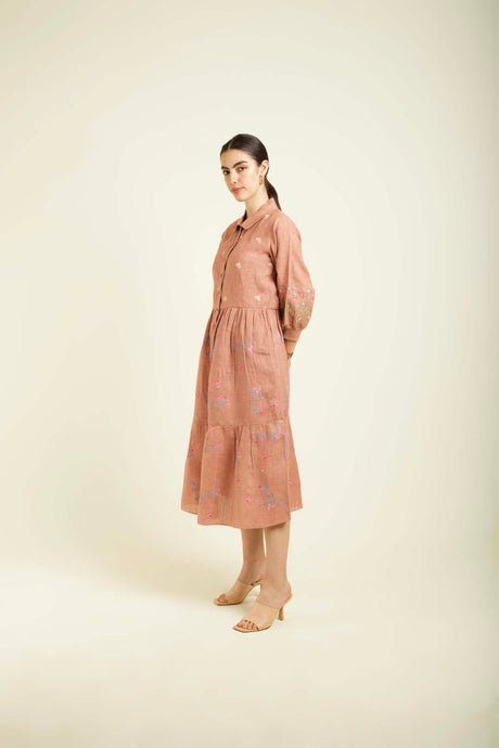 Almond Printed Gathered Dress In Linen With Embroidery Details - Dress - Mizyana