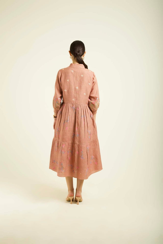 Almond Printed Gathered Dress In Linen With Embroidery Details - Dress - Mizyana