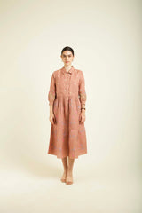 Almond Printed Gathered Dress In Linen With Embroidery Details - Dress - Mizyana