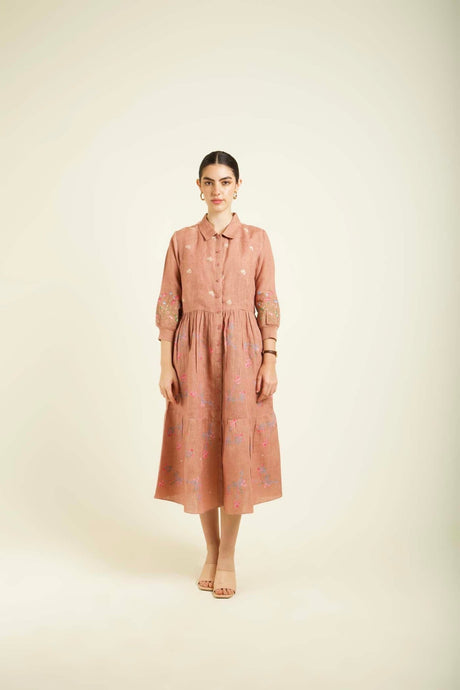 Almond Printed Gathered Dress In Linen With Embroidery Details - Dress - Mizyana