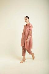 Almond Silk Chanderi Shirt With Embroidery And Straight Pants In Silk Chanderi - Two-Piece Set - Mizyana