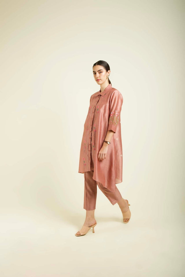 Almond Silk Chanderi Shirt With Embroidery And Straight Pants In Silk Chanderi - Two-Piece Set - Mizyana