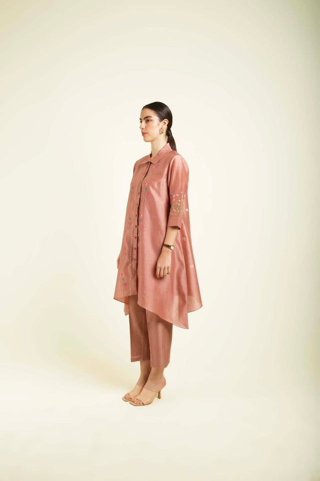 Almond Silk Chanderi Shirt With Embroidery And Straight Pants In Silk Chanderi - Two-Piece Set - Mizyana