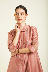 Almond Silk Chanderi Shirt With Embroidery And Straight Pants In Silk Chanderi - Two-Piece Set - Mizyana