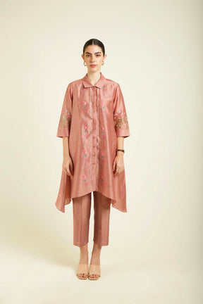 Almond Silk Chanderi Shirt With Embroidery And Straight Pants In Silk Chanderi - Two-Piece Set - Mizyana