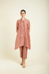 Almond Silk Chanderi Shirt With Embroidery And Straight Pants In Silk Chanderi - Two-Piece Set - Mizyana