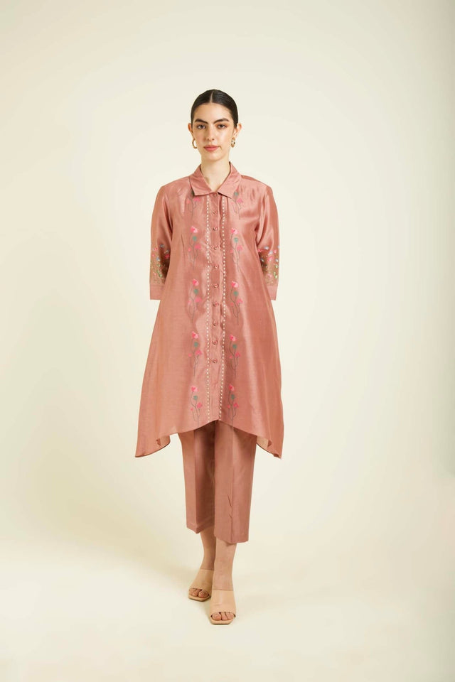Almond Silk Chanderi Shirt With Embroidery And Straight Pants In Silk Chanderi - Two-Piece Set - Mizyana