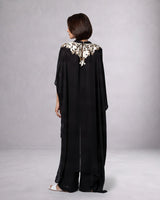 Anisa Black Floral Embroidered Satin Crepe Kaftan with Pants - Kaftan - Mizyana