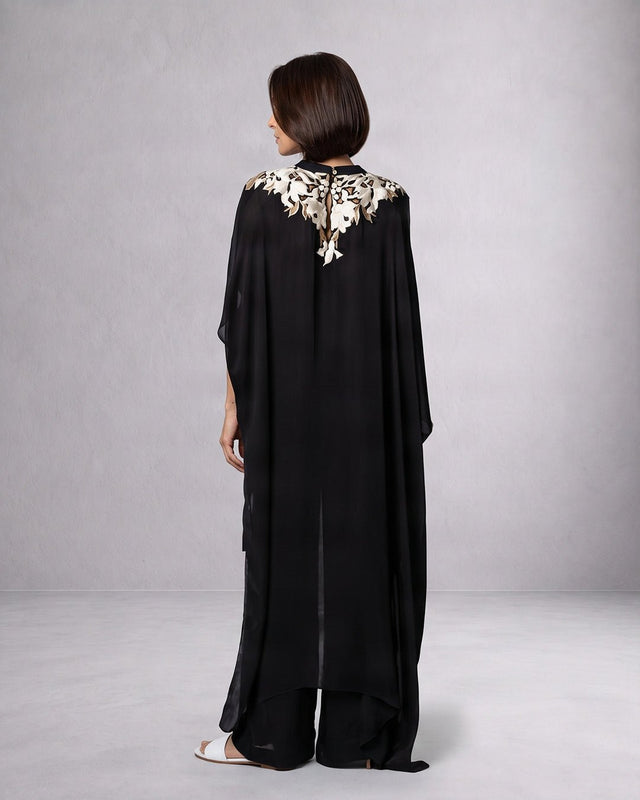 Anisa Black Floral Embroidered Satin Crepe Kaftan with Pants - Kaftan - Mizyana