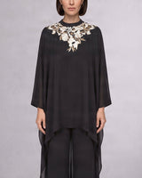 Anisa Black Floral Embroidered Satin Crepe Kaftan with Pants - Kaftan - Mizyana