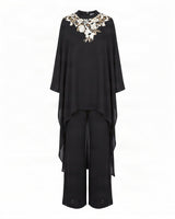 Anisa Black Floral Embroidered Satin Crepe Kaftan with Pants - Kaftan - Mizyana
