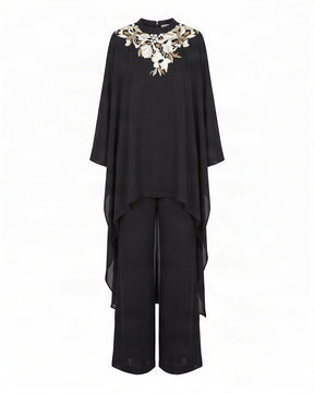 Anisa Black Floral Embroidered Satin Crepe Kaftan with Pants - Kaftan - Mizyana