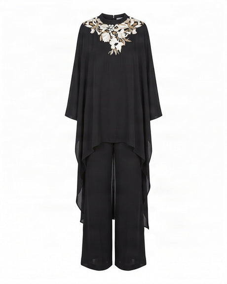 Anisa Black Floral Embroidered Satin Crepe Kaftan with Pants - Kaftan - Mizyana