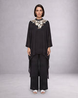 Anisa Black Floral Embroidered Satin Crepe Kaftan with Pants - Kaftan - Mizyana