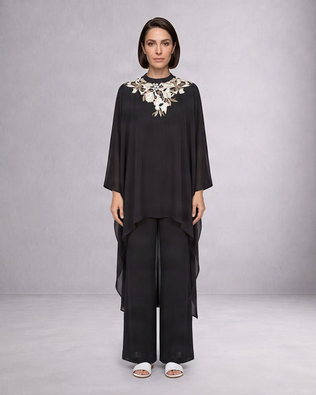 Anisa Black Floral Embroidered Satin Crepe Kaftan with Pants - Kaftan - Mizyana