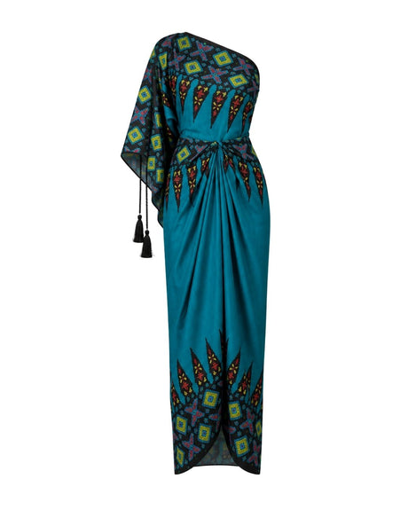 Ankara Blu Pleat Teal Geometric Print One-Shoulder Draped Dress - Dress - Mizyana