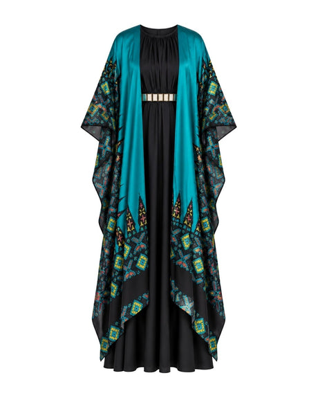 Ankara Cape Teal Satin and Black Dress Three-Piece Set - Three-Piece Set - Mizyana