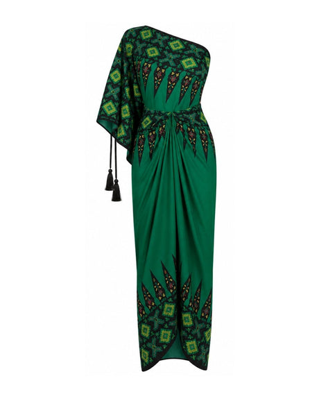 Ankara Emerald Green One-Shoulder Pleated Drape Kaftan with Tassel Tie - Kaftan - Mizyana