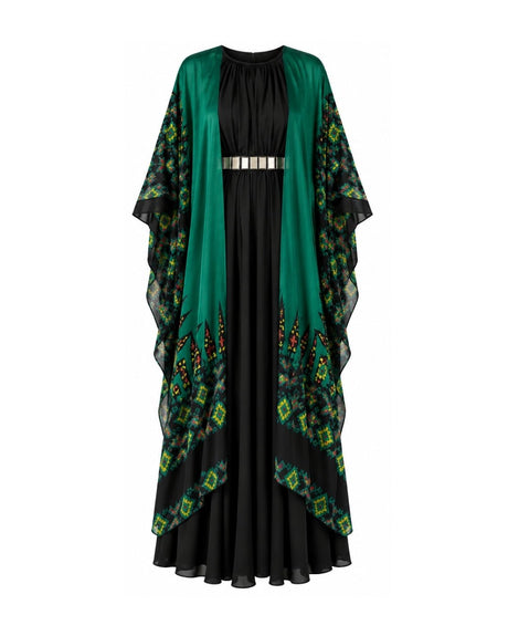 Ankara G Emerald Satin Crepe Cape and Black Dress Three-Piece Set - Three-Piece Set - Mizyana