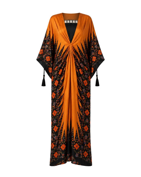 Ankara Gold Printed Open-Front Kaftan with Mirror Trim - Kaftan - Mizyana