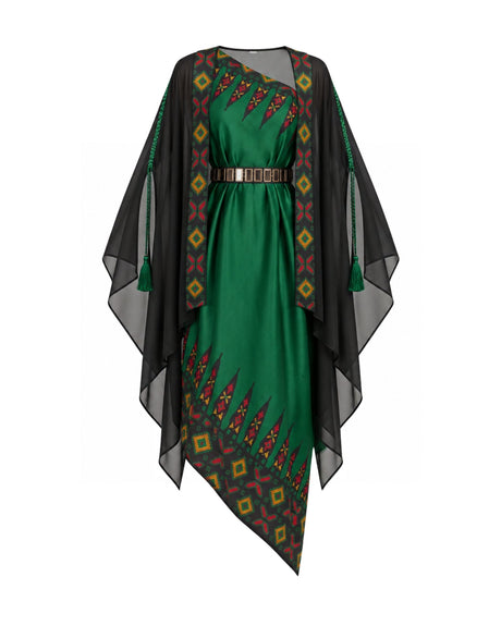 Ankara Green Print One-Shoulder Dress and Sheer Cape Three-Piece Set - Three-Piece Set - Mizyana