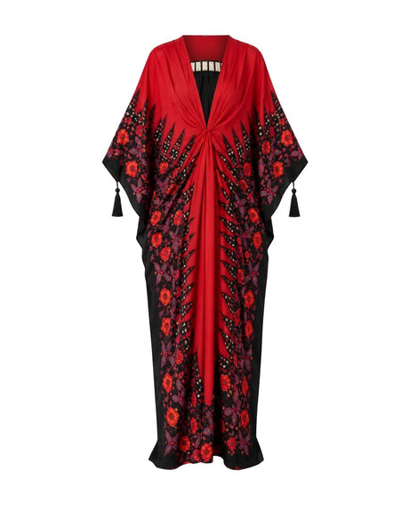 Ankara Red Printed Batwing Kaftan with Mirror Neckline - Kaftan - Mizyana