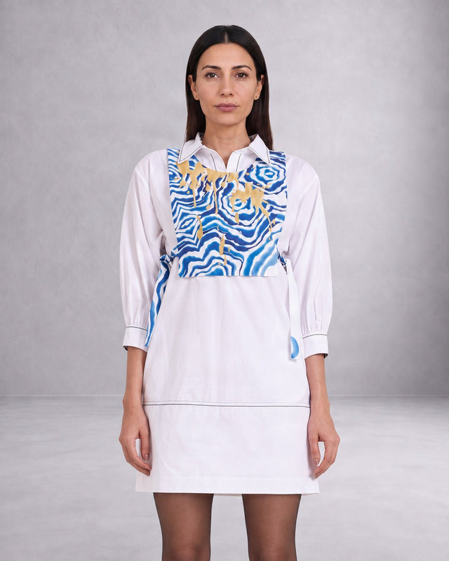 Apollo Sunlit Tide Print Cotton Poplin Shirt Dress with Bib - Shirt Dress - Mizyana