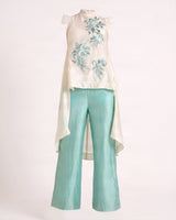 Aqua Fifi Floral Applique Chanderi Silk Top and Pant Co-ord Set - Co-ord Set - Mizyana