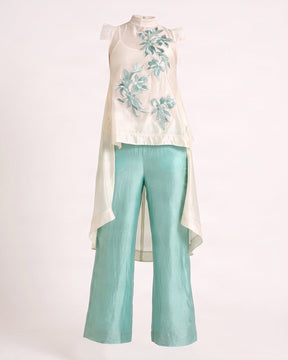 Aqua Fifi Floral Applique Chanderi Silk Top and Pant Co-ord Set - Co-ord Set - Mizyana