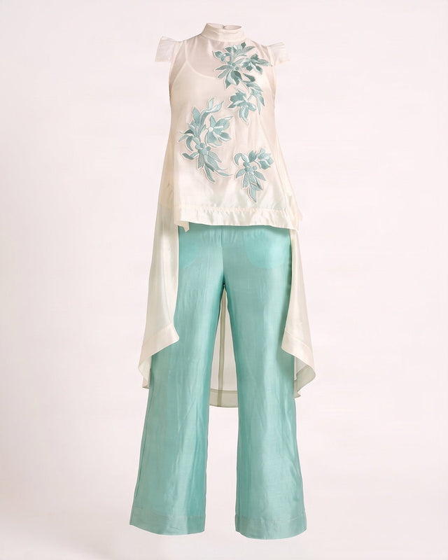Aqua Fifi Floral Applique Chanderi Silk Top and Pant Co-ord Set - Co-ord Set - Mizyana
