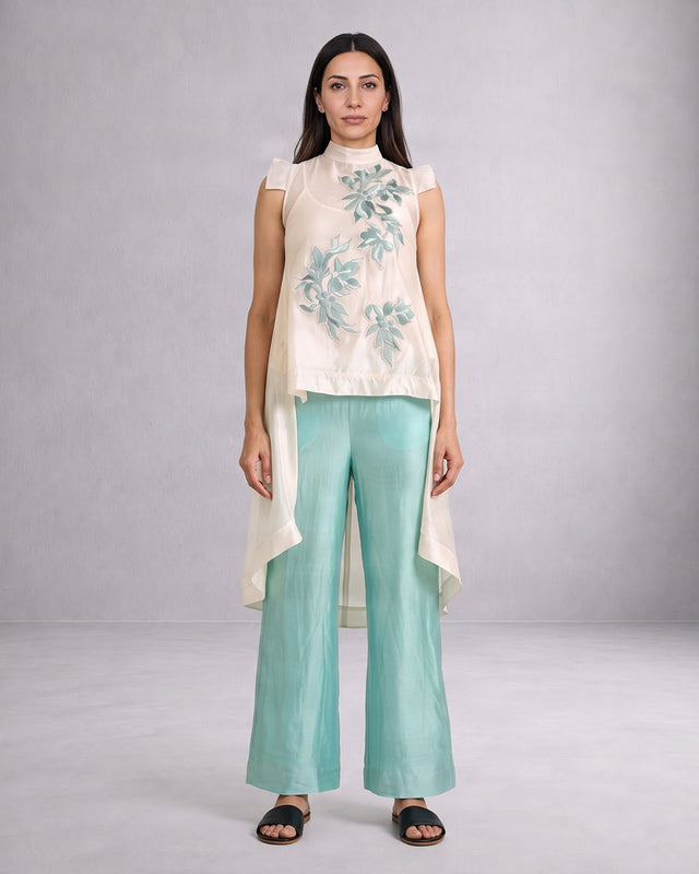 Aqua Fifi Floral Applique Chanderi Silk Top and Pant Co-ord Set - Co-ord Set - Mizyana