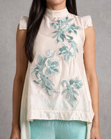 Aqua Fifi Floral Applique Chanderi Silk Top and Pant Co-ord Set - Co-ord Set - Mizyana
