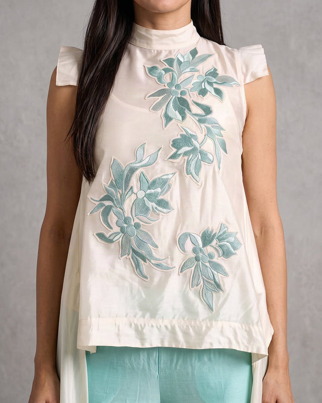 Aqua Fifi Floral Applique Chanderi Silk Top and Pant Co-ord Set - Co-ord Set - Mizyana