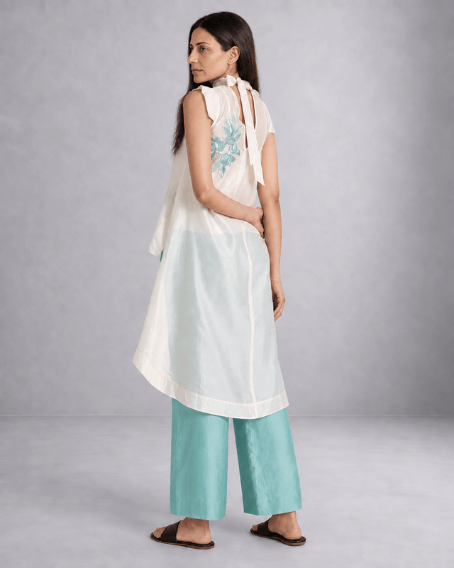 Aqua Fifi Floral Applique Chanderi Silk Top and Pant Co-ord Set - Co-ord Set - Mizyana