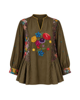 Ash Gathered Floral Embroidered Chanderi Blouse - Blouse - Mizyana