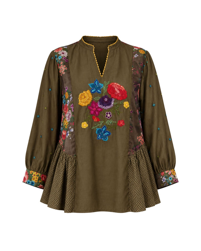 Ash Gathered Floral Embroidered Chanderi Blouse - Blouse - Mizyana