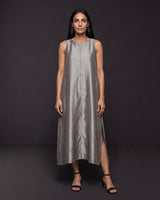Ash Grey Handwoven Silk Organza Blend Midi Dress - Dress - Mizyana