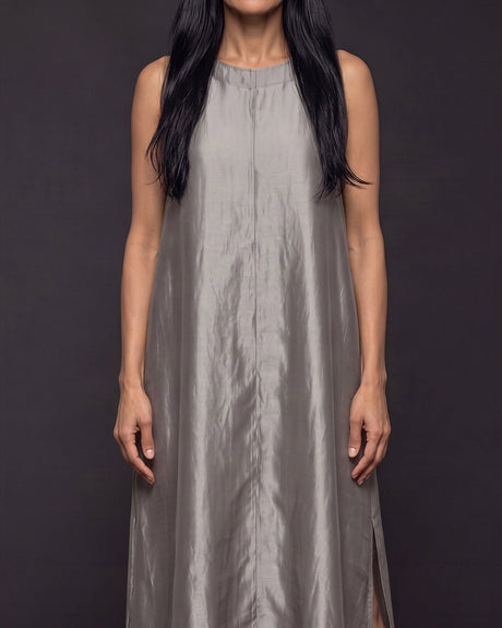 Ash Grey Handwoven Silk Organza Blend Midi Dress - Dress - Mizyana