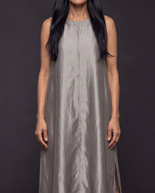 Ash Grey Handwoven Silk Organza Blend Midi Dress - Dress - Mizyana